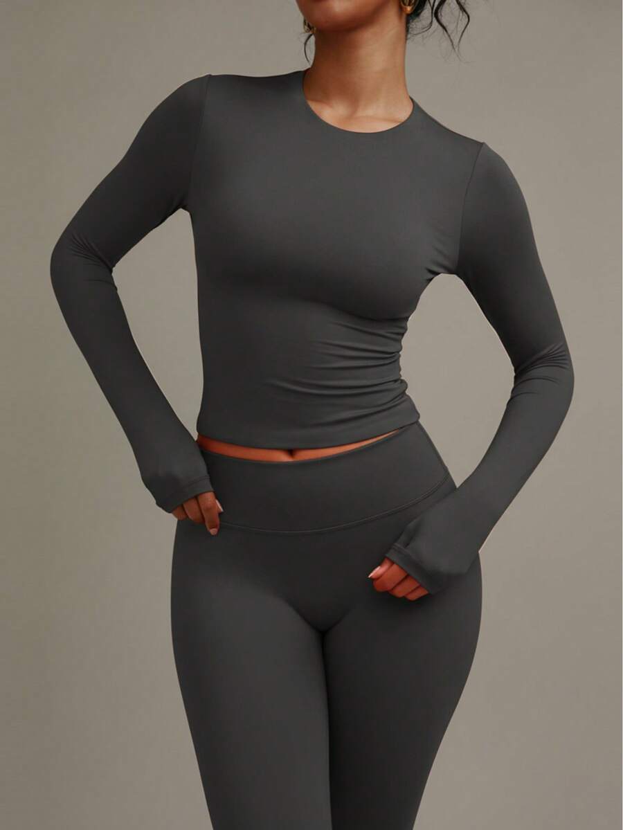 Casual Solid Color Long Sleeve Round Neck T-Shirt, Versatile For Spring & Autumn - Dark Grey - View 1