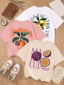 ZZG Es Trus Summer Women's "Graffiti Fruit Letter" Print Street Commute Y2K Style White+Pink+Apricot Round Neck Oversized Short Sleeve T-Shirt Set - Multicolor - View 1