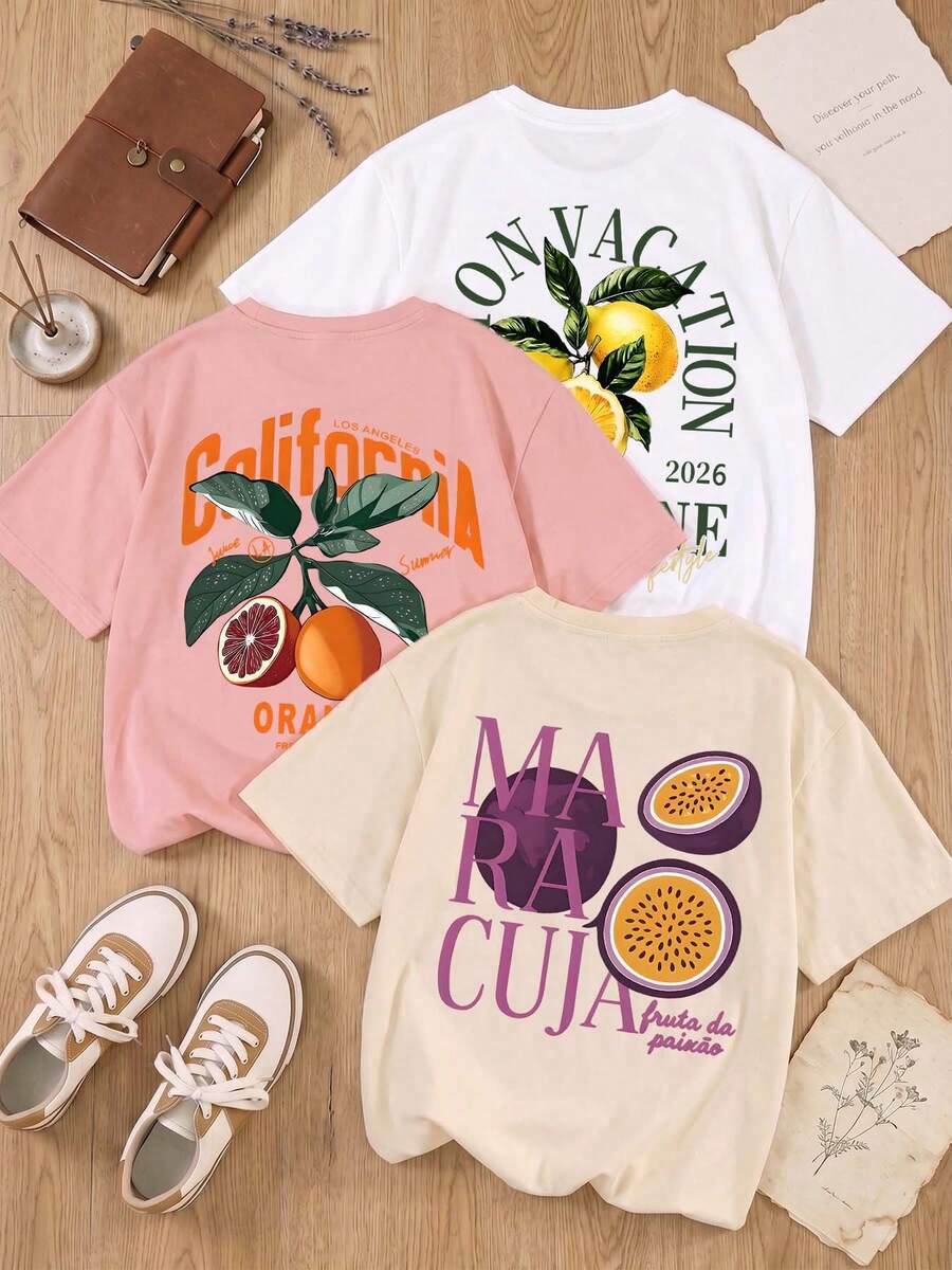 ZZG Es Trus Summer Women's "Graffiti Fruit Letter" Print Street Commute Y2K Style White+Pink+Apricot Round Neck Oversized Short Sleeve T-Shirt Set - Multicolor - View 1