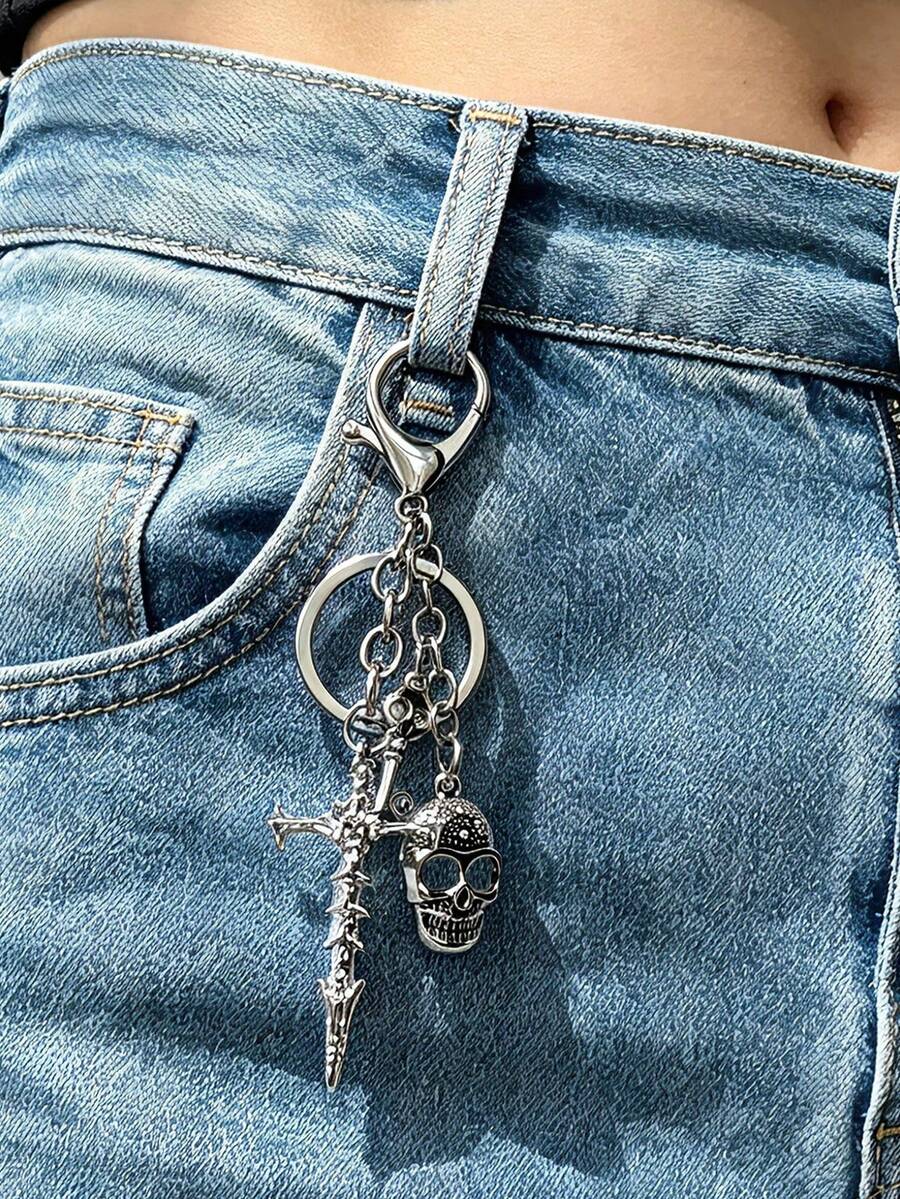 1pc Vintage Gothic Dark Cross Skeleton Key Chain Pendant, Creative Skull Car Key Bag Charm Pants Chain, Unisex Gift