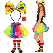 5pcs Clown Rainbow Costume Accessories Set, Includes Tutu Skirt, Headband, Socks, Nose.Halloween, Cos - Multicolor - View 1