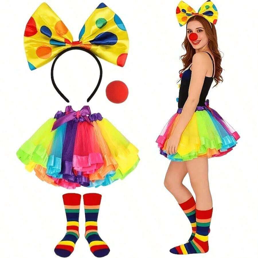 5pcs Clown Rainbow Costume Accessories Set, Includes Tutu Skirt, Headband, Socks, Nose.Halloween, Cos - Multicolor - View 1
