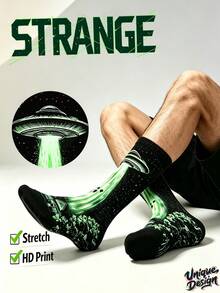 Cool 360° Printed Men's Socks - Streetwear Socks,UFO Spaceship,Alien Flying Saucer Graphic,Colorful,Funny Socks, Fit Daily, Holiday & Party Occasions - Black - View 8