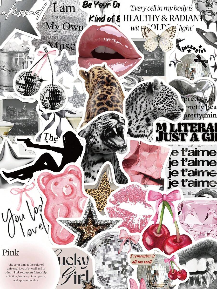 50pcs Silver Lucky Girl Stickers, DIY Graffiti Decorative Stickers For Scrapbooking, Skateboard, Guitar, Luggage - Silver - View 1
