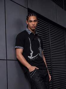 Men's Black Skull Guitar Print Polo Shirt, Contrast Leopard Collar Cuff Casual Short Sleeve Top - Multicolor - View 9
