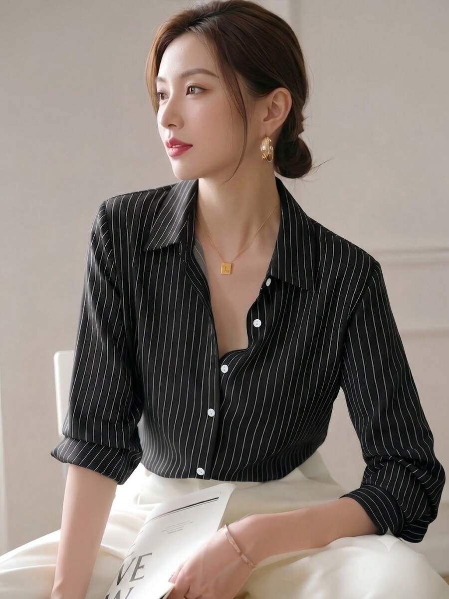 YUXIN 秋季新款寬鬆時尚黑色條紋優雅長袖襯衫女上衣 通勤專業顯瘦百搭設計