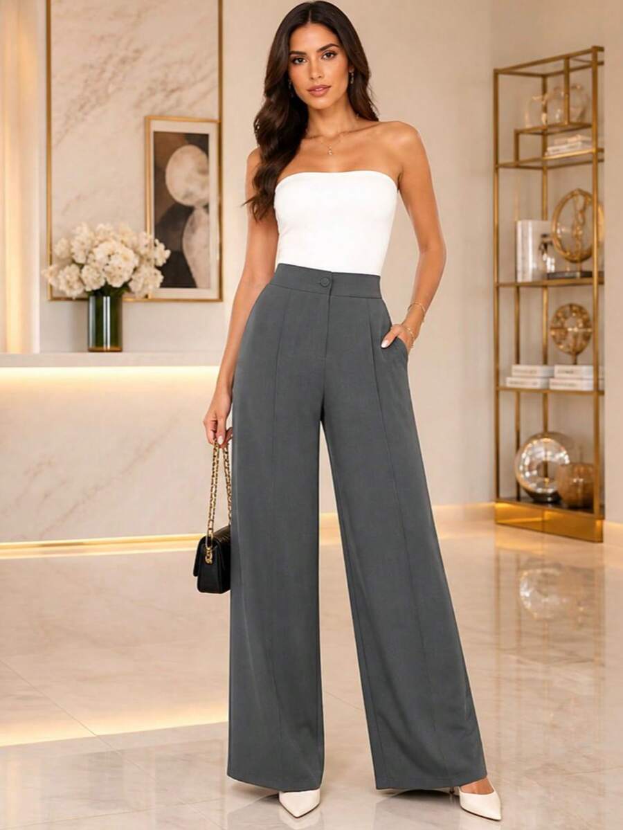 Women's Wide Leg Pants With Zipper And Button In Duna Fabric - Grey - View 1