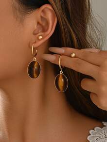 2 Pairs Vintage Exquisite Minimalist Tiger Eye Stone Pendant Earrings Round Bead Stud Earrings Set For Women Daily Wear Party Gathering New Jewelry - Multicolor - View 1