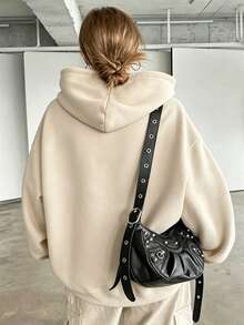 Casual Plain Loose Fit Hooded Sweatshirt Women Basic Long Sleeve Pocket Hoodie Minimalist Lazy Daily Outfit Neutral Color Sweat Top - Apricot - View 2