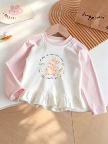 Milk Fufu Girls' Spring/Autumn Sweet Style Long Sleeve T-Shirt, Round Neck, Lace Hem, Patchwork Sleeves, Rabbit Print, Soft And Cute Top - White - View 1