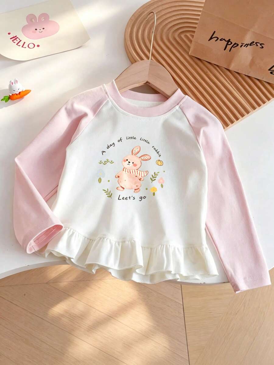 Milk Fufu Girls' Spring/Autumn Sweet Style Long Sleeve T-Shirt, Round Neck, Lace Hem, Patchwork Sleeves, Rabbit Print, Soft And Cute Top - White - View 1