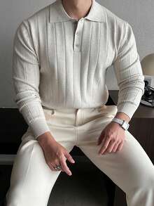 Men Knit Polo Sweater Lapel Button Long Sleeve Top, Minimal Smart Casual Shirt For Men Office Daily Commuter Outfit - Light Grey - View 6