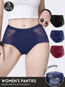 MIOTAN 3pcs Women's High Waist Tummy Control Panties, Lace Patchwork, Jacquard Pattern, Soft Comfortable, Breathable - Multicolor - View 2
