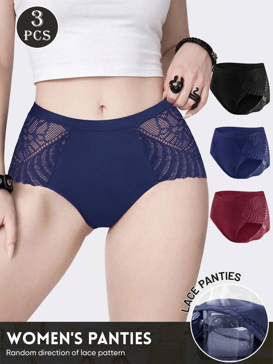 MIOTAN 3pcs Women's High Waist Tummy Control Panties, Lace Patchwork, Jacquard Pattern, Soft Comfortable, Breathable