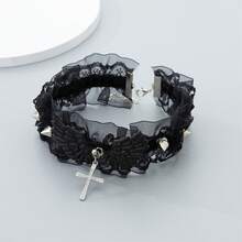 1pc Lace Trim Angel Wings Cross Studded Choker Necklace Collar Chain - White - View 4