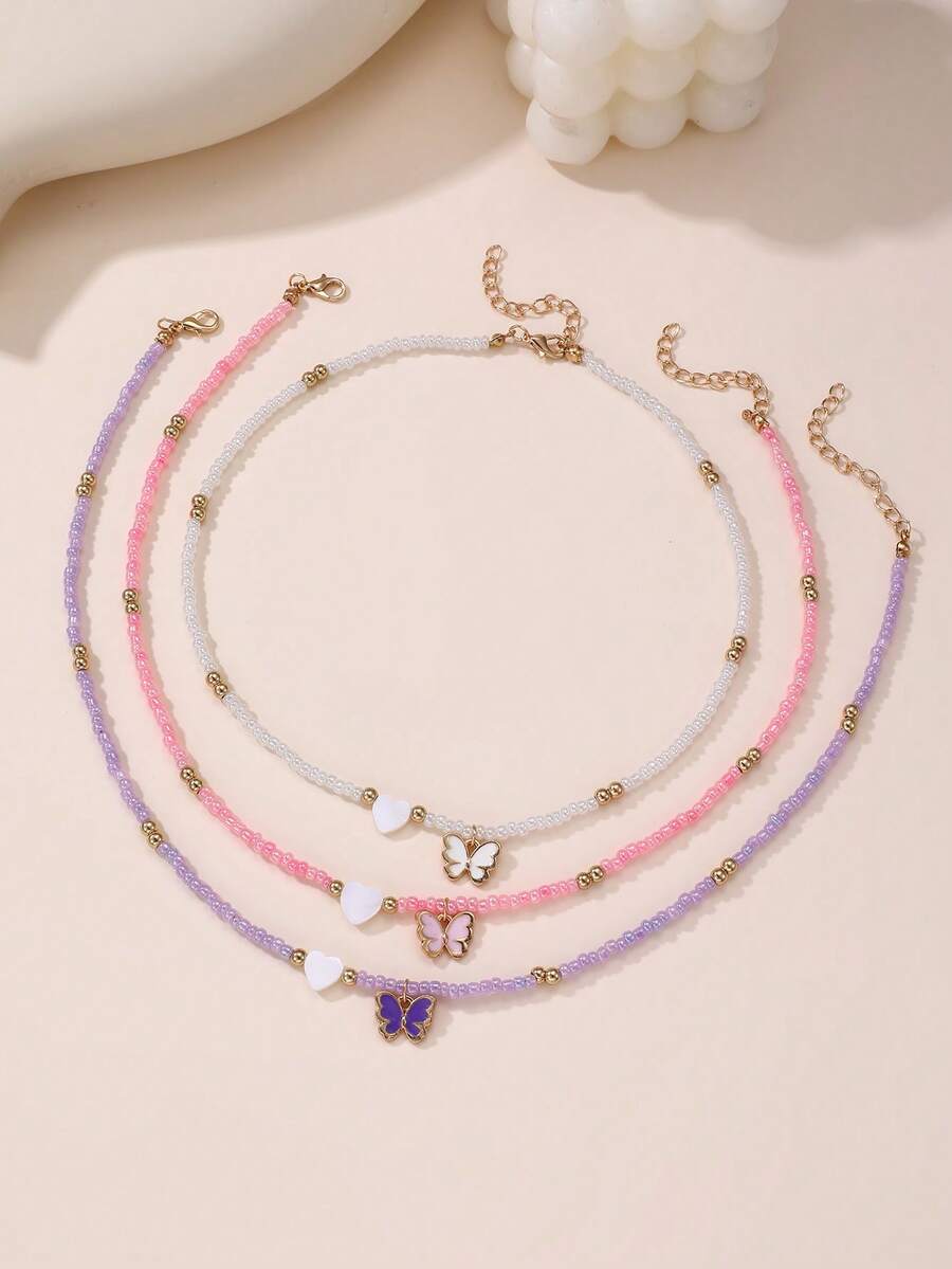 NAIZHU 3件組愛心蝴蝶吊墜米珠串珠時尚項鍊套組,日常節日派對飾品,女孩禮物 - 彩色 - 查看 1