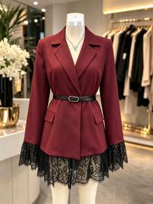 1pc Colorblock Woven Fabric Belt Lace Patchwork Jacket Office Formal Evening Party Tea Party Autumn - Burgundy - View 7