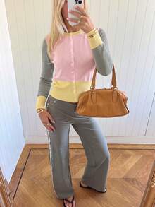 Women's Autumn Casual Pink Set: Ribbed Knit Colorblock Cardigan Sweater, Basic Top. Elegant Style Fall - Multicolor - View 6