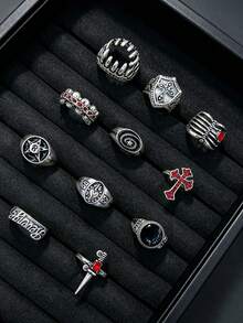 11pcs Gothic Men's Ring Set Punk Hip Hop Multi-Piece Finger Rings Party Vacation Daily Wear Fashion Jewelry Gift Unisex - Silver - View 4
