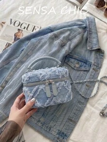 Fashionable Light Blue Diamond Hollow Handbag With Leather Top Handle And Adjustable Leather-Wrapped Metal Chain Shoulder Strap, Frayed Edge Details For Street Style, Compact Rectangular Body Fits Lipstick And Daily Essentials, Ideal For Street Looks And Casual Outings - Baby Blue - View 6