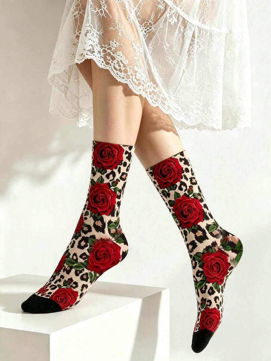 1 Pair Leopard & Red Floral Pattern 360° All-Over Print Fashion Novelty Socks - Multicolor - View 1