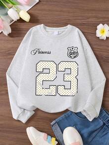 2pcs/Set Girls Outfit, Round Neck Sweatshirt With Number 23 Print Paired With Simple Casual Polka Dot Flared Pants, Comfortable Autumn/Winter New Girls Set - Light Grey - View 4