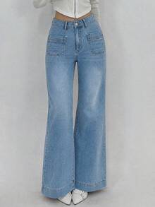 Celana Jeans Wanita Ukuran Besar Kasual Serbaguna Model Lurus dengan Kantong, Celana Denim Biru Muda Pudar, Celana Jeans Denim Elegan Sederhana untuk Musim Gugur - Light Wash - View 7