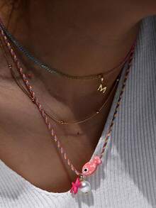 1pc Versatile Ceramic Ocean Fish Pendant Necklace With Adjustable Rope Chain, Starfish And Faux Pearl Pendant Jewelry - Pink - View 2