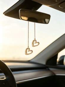 1pc Pearl Rhinestone Border Heart Car Rearview Mirror Hanging Ornament, Elegant Style Auto Interior Decor Vehicle Accessory - A - View 3