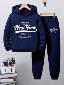 Tween Boy Letter Print Hoodie And Pocket Sweatpants Set - Royal Blue - View 1
