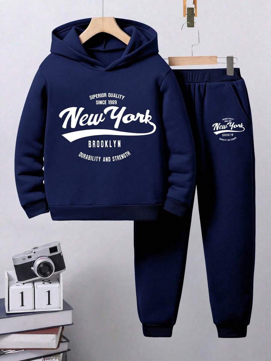 Tween Boy Letter Print Hoodie And Pocket Sweatpants Set - Royal Blue - View 1