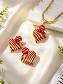 304 Stainless Steel Striped Oil Drop Double Heart Pendant Snake Chain Necklace, Hypoallergenic Non-Fading Vintage Women's Daily Beach Accessory, Valentine's Day Gift. - Multicolor - View 9