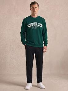 Courvante Men's Letter Printed Crew-Neck Sweatshirt, For Fall Winter, Long Sleeve Top - Dark Green - View 2