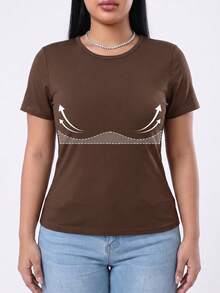 1pc Women's Plus Size Short Sleeve Tee, Wire-Free Built-In Shelf Bra, Padded Solid Basic Loungewear Yoga Activewear Casual - Brown - View 3