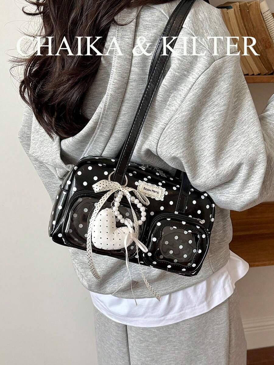 CHAIKA & KILTER 1pc Solid Color Glossy PU Fabric Shoulder Bag Women's Fashion Multi-Pocket Large Capacity Boston Bowling Bag With All-Over Polka Dot Pattern Zipper Closure Suitable For Daily And Street Use (Sold With Pendant)
