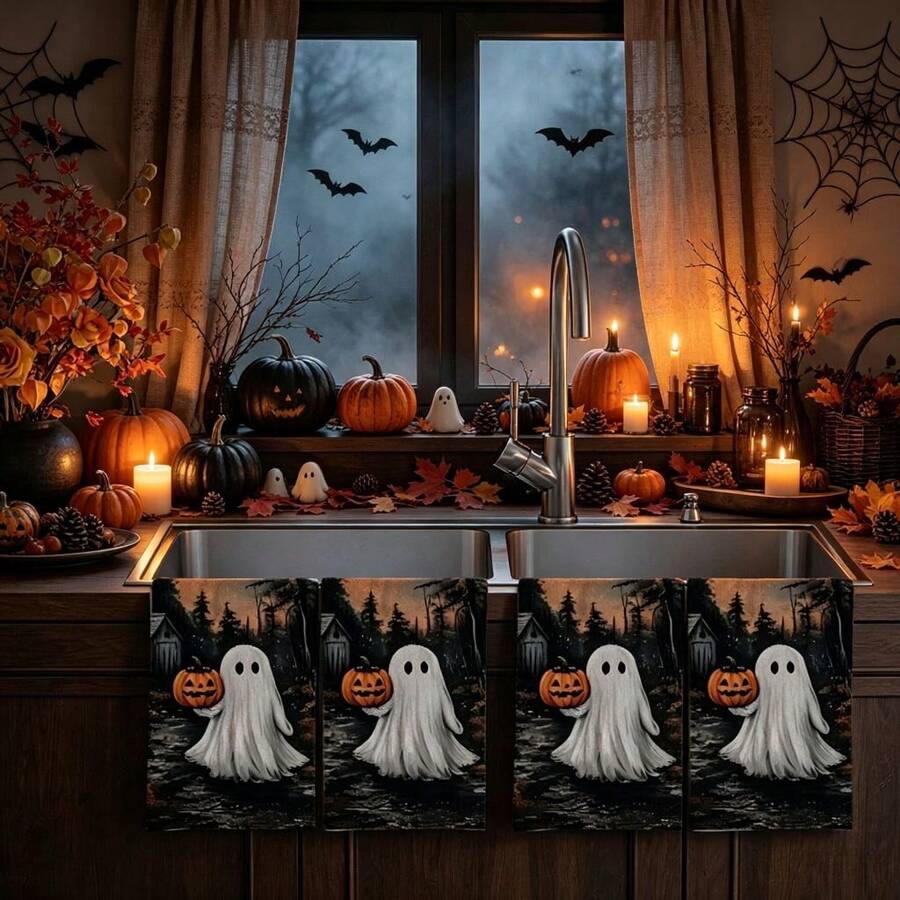 2/4/48pcs Halloween Series Moonlit Pumpkin Ghost Pattern Printed Kitchen Towels - Super Soft, Highly Absorbent Polyester Dish Cloths And Hand Towels, Perfect For Holiday Decor, Kitchen Decor, Party Decor.