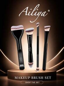Ailiya 4件組化妝刷套組，黑色多形狀美妝工具系列，含彎曲寬刷、精巧雙頭斜角刷、纖細雙頭細節刷與扁平斜角刷，適用臉部彩妝、暈染、修容與日常美妝保養 - 黑色 - 查看 8