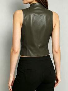 Women's Casual Daily Versatile Solid Color Sleeveless Small Stand Collar Zipper Faux PU Leather Vest, Summer Fall - Army Green - View 2