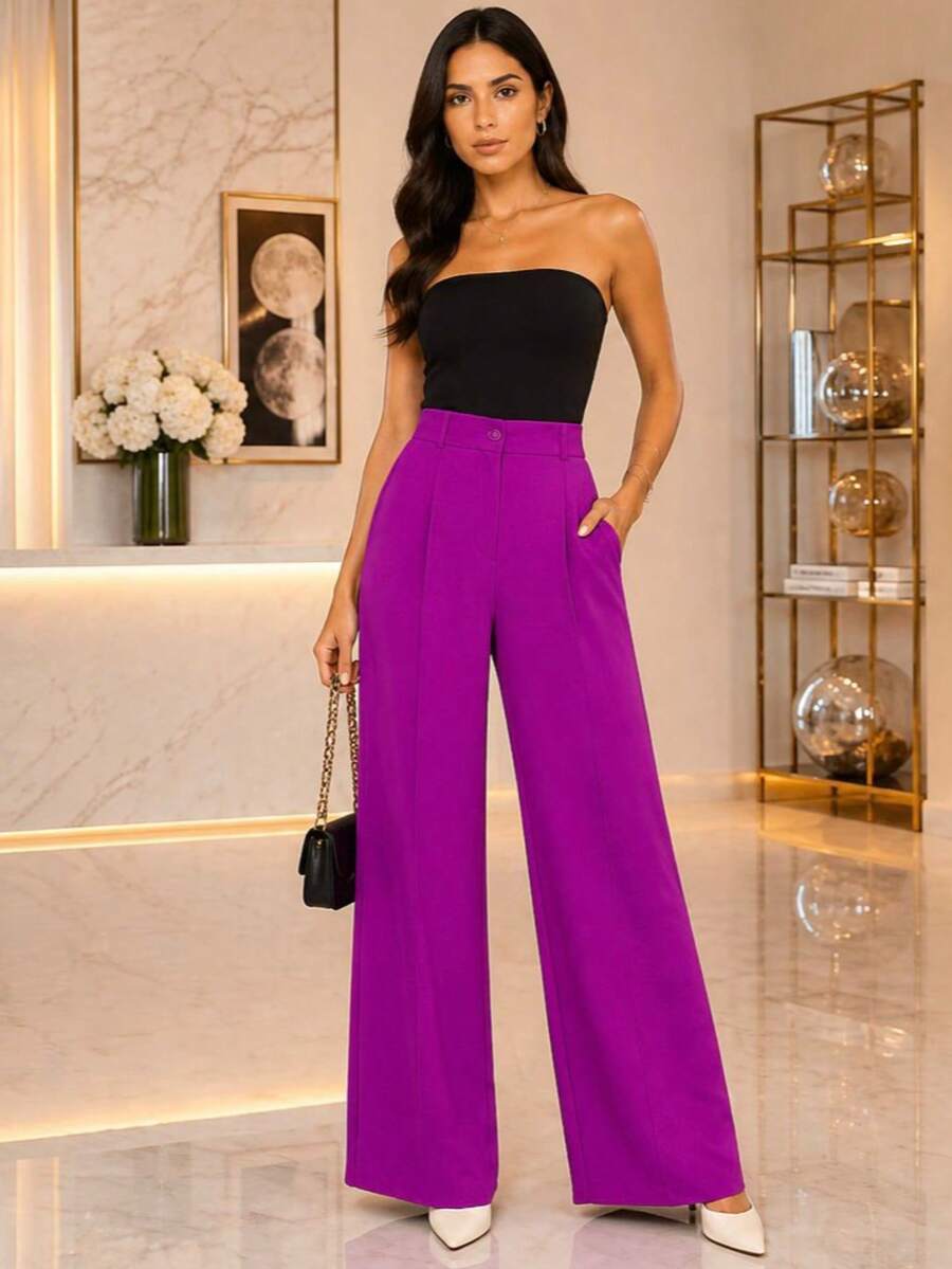 Women's Wide Leg Pants With Zipper And Button In Duna Fabric - Rose Red - View 1