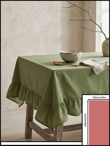 1pc Green Background White Polka Dot Pattern Ruffle Edge Tablecloth, Fresh Natural Style, Rectangular With Ruffle Edge And Pleated Detail, Decorative And Functional For Home Dining - Green - View 14