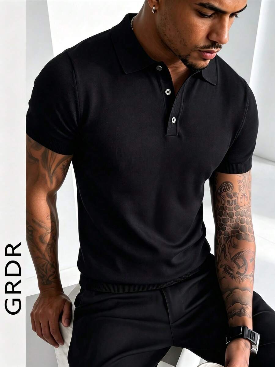 GRDR Men's Solid Color Polo Neck Short Sleeve Knit Top