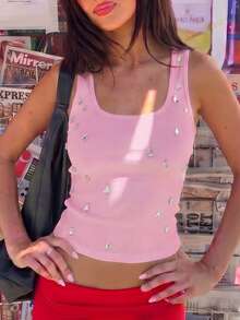Top corto con escote en V y adornos de rhinestone para mujer, color rosa, de estilo casual para el verano - Rosa - Ver 5