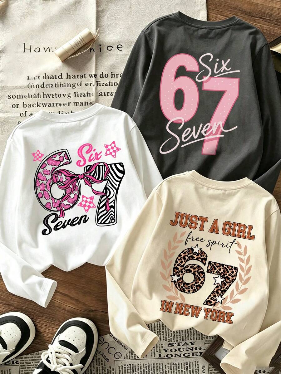Tween Girls 3Pcs Fall Long Sleeve Tees, Number 67 Leopard Zebra Bow Letter Back Graphic Print, Loose Casual Daily Tops - Multicolor - View 1