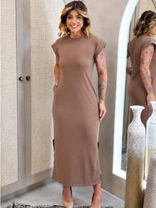 Vestido Longo Fenda Bolso Manga Elegante Feminino Malha Diário Casual Bege - Bege - Visão 6