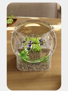 Round Transparent Aquarium With Rock Landscape Design, Desktop Fish Tank, Stable For Small Fish, Betta, Shrimp And Aquatic Pet Turtles, Home Office Garden Decorative Mini Fish Tank - Multicolor - View 6