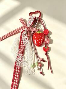 1pc Handmade Personalized Strawberry Keychain With Sweet Bow, Bag Charm - Multicolor - View 3