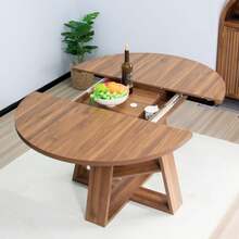 Modern Extendable Oval Dining Table 43.3"-59" Convertible Round Table With Removable Leaves Storage Shelf Wood Base Space Saving Furniture For Living Room Kitchen Area, Walnut - Multicolor - View 6