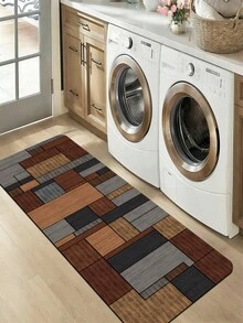 1pc Diatomaceous Earth Kitchen Floor Mat With Patchwork Style Geometric Pattern. The Mat Is Composed Of Multi-Colored Squares, Some Solid And Some With Stripes, Arranged In An Alternating Pattern To Create A Rich And Lively Visual Effect. Luxury Fashion Style Anti-Fatigue Kitchen Rug, Fabric Surface With Absorbent Sponge Core - Multicolor - View 10