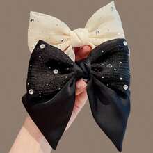 1pc Black Satin Bow Hair Clip, Combining Cute And Elegant School Style. Made Of High-Quality Satin. A Thoughtful Valentine's Day Gift, Popular Among Students. Easily Create A Sweet Look. - Black and White Lace - View 10