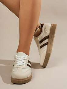 1 Pair Women's Multifunctional Fashion Casual Shoes, Flat Lace-Up Round Toe Rubber Sole Casual Sneakers, Beige & Contrast Color, Suitable For Daily Wear, Casual Shoes Size 36-42, - Beige - View 5